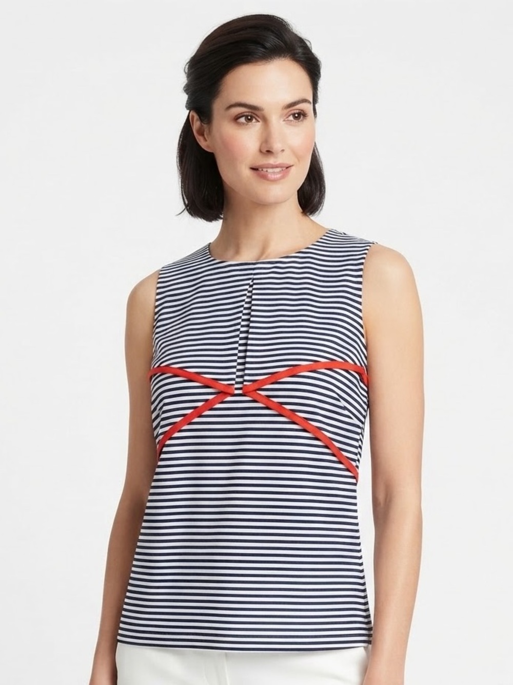 THML Navy Blue White Striped Sleeveless Overlay Tank Top Size Small Red Trim Sm